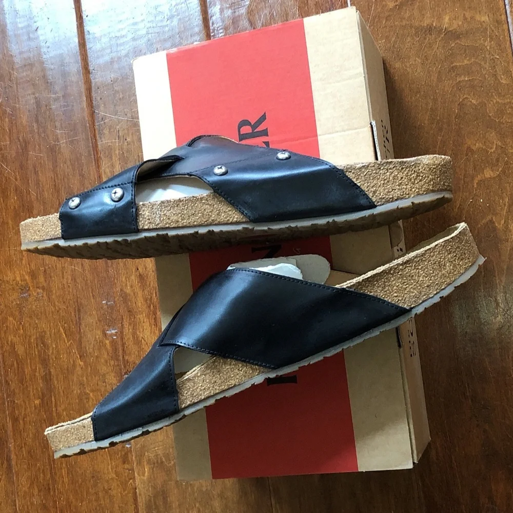 BRAND NEW IN BOX Mens HAFLINGER Rick 46 12 Black Leather Sandals Slides Shoes